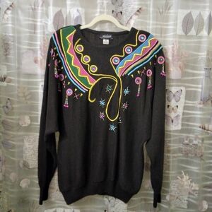 Vintage Malain Black Ramie-Cotton Blend Colorful Embroidered Beaded Sweater 2X